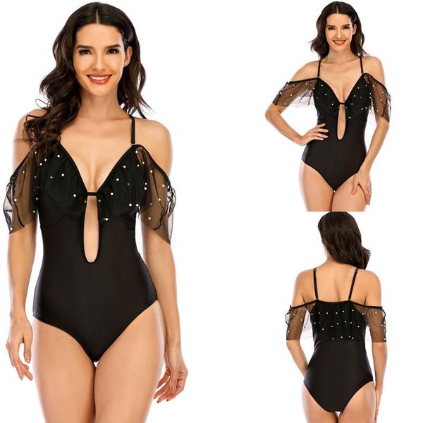 

one-piece suits female solid color mesh ruffled deep v neck high waist swimsuit lady 2021 one piece swimwear women suit quick-drying