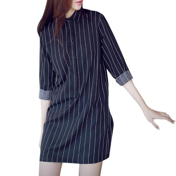 

women's dress fashion summer stripe shirt female long sleeve lapel leisure ladies turn-down collar straight casual dresses, Black;gray