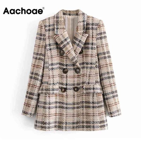 

aachoae elegant plaid suits double breasted vintage office blazer women long sleeve ladies outerwear spring autumn 210413, White;black