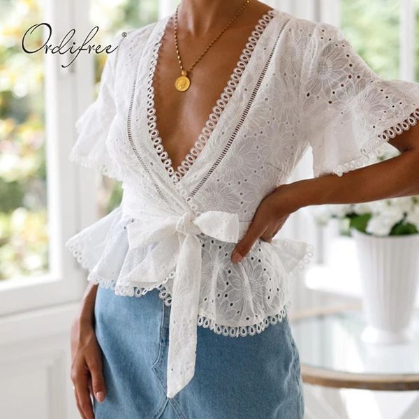 Mulheres Verão Bordado Camisa Manga Curta Belted Branco Lace Blusa Sexy Tops 210415