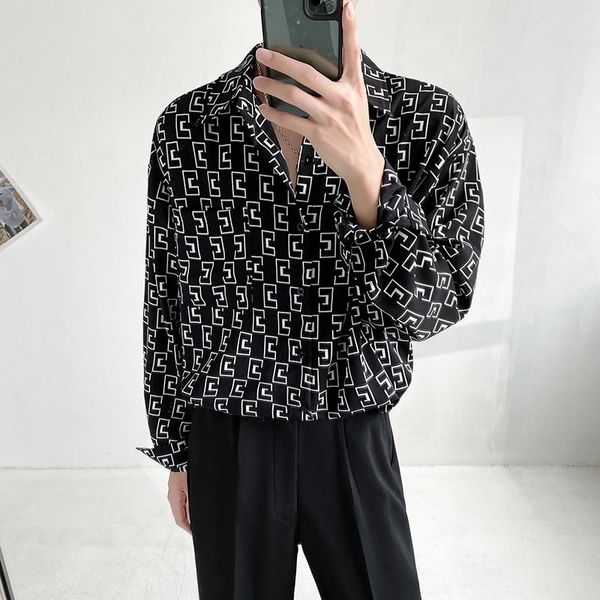 

men's dress shirts 2021 autumn niche light familiar style long-sleeved casual printing geometric shirt top, White;black