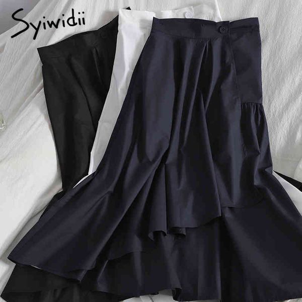 Syiwidii ​​Back Irregular Elástico Cintura Alta Midi Saias Midi Button Up A-Line White Preto Verão Roupas Coreano Moda 210417