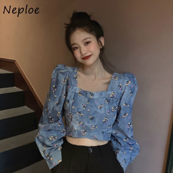 

neploe square collar denim women blouses new flower print puff sleeve shirt autumn french style femme blusas 1g447 210423, White