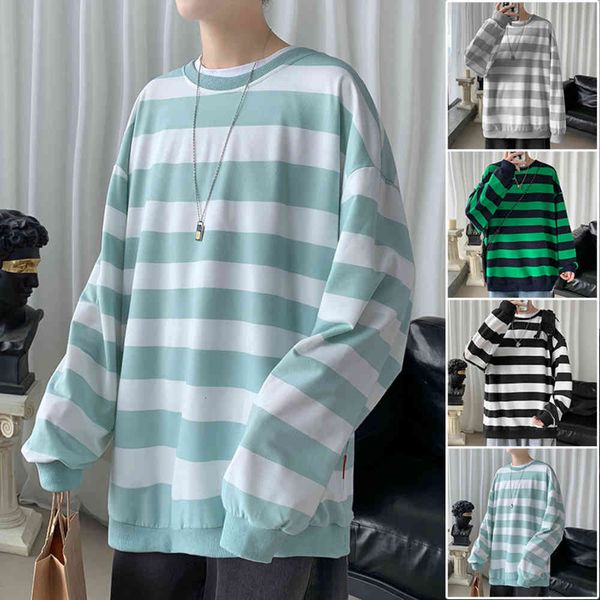 

large men's short wind stripe sports leisure tide round neck sweater, Black