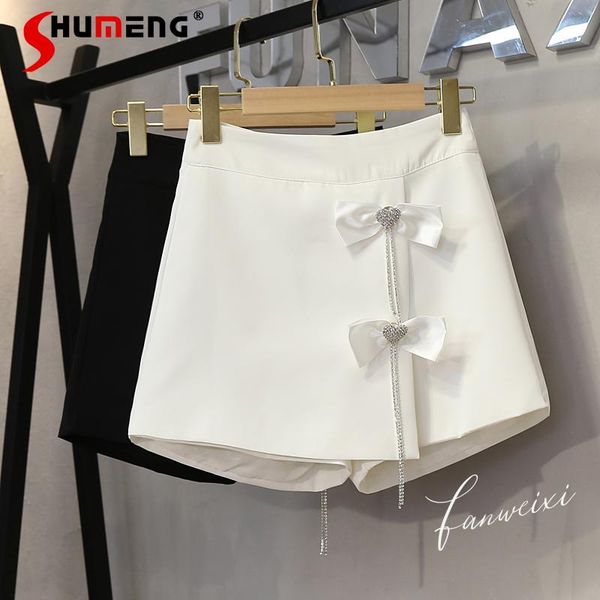 

women's shorts white summer suit 2021 woman black irregular diamond love heart bow tie high waist wide-leg culottes, White;black