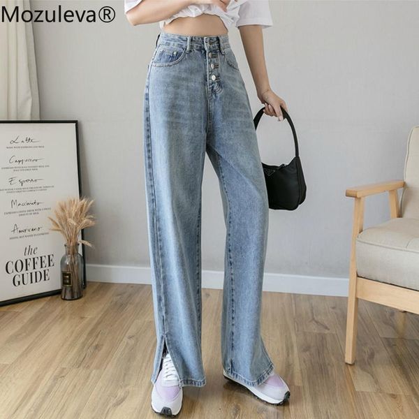 

women's jeans mozuleva 2021 spring vintage flare blue high waist button split floor-length women denim fashion female pant