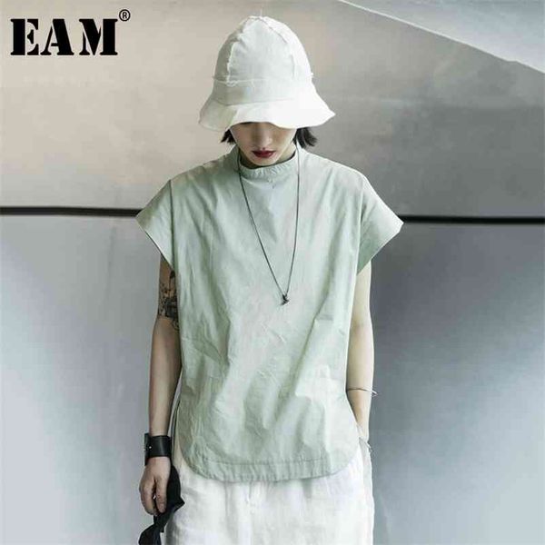 

[eam] women green brief big size vent leisure t-shirt new stand collar short sleeve fashion tide spring summer 1x016 210401, White