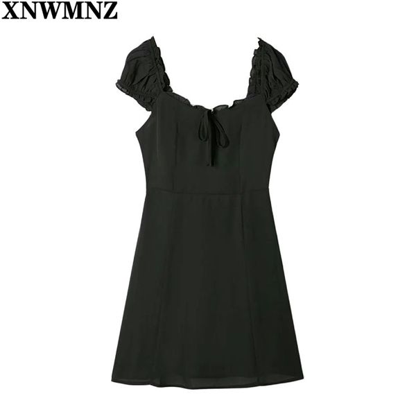 Старинные черные шифон лето Vestidos Cap рукав женские платья мода сексуальный центр повязки платья для женщин 210520