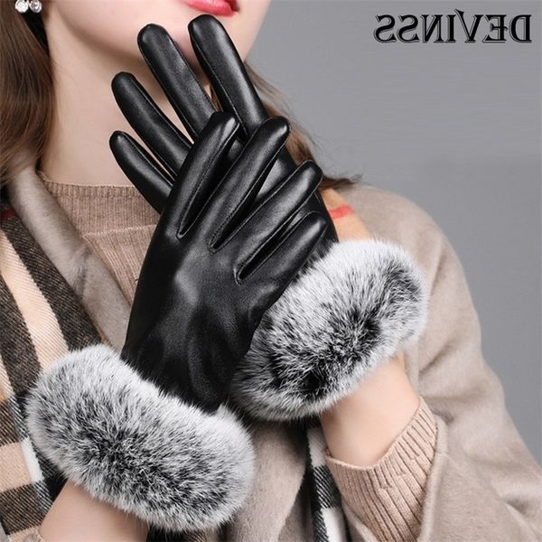 

gloves women's leather winter plush warm gloves luxury rabbit hair outdoor anti splash touch screen, Black