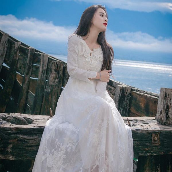 

casual dresses arrival bridesmaid vintage princess long beach dress women white lanon embroidery floral lace retro 8938, Black;gray