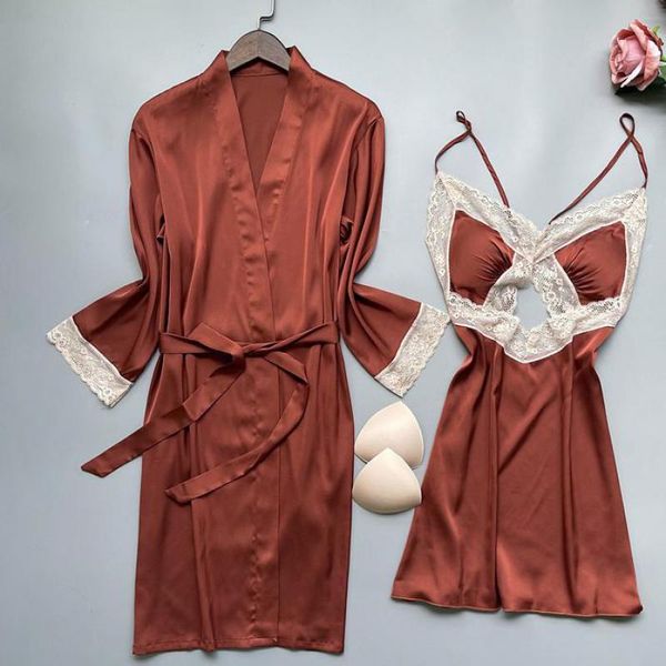 

women's sleepwear two pieces kimino bathrobe home dressing v-neck lace bridal wedding robe gown sets satin bridesmaid lingerie nightwea, Black;red