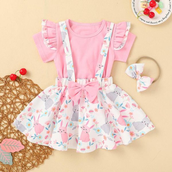 

toddler clothing set summer kids baby girls t shirt +easter floral bow suspender skirts kawaii costume ropa sets, White