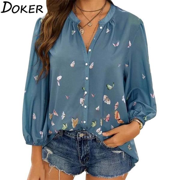 

long sleeve print turn-down collar women shirt office casual elegant summer loose vintage plus size ladies shirts 210603, White