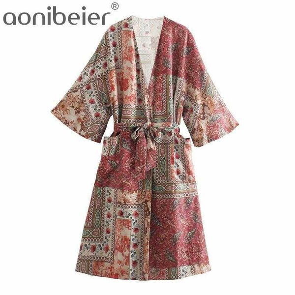 Zelfgordel Bedrukte Jurk Driekwart Mouw Casual Vakantie Strand Kimono Vrouwen Midi Wrap Front Losse 210604