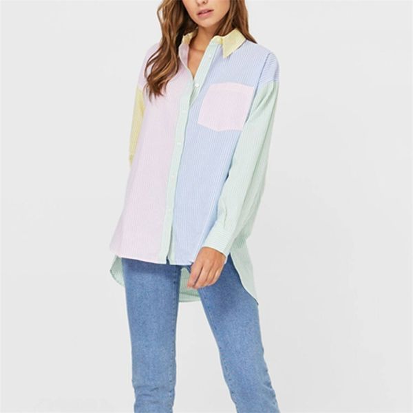 

women summer loose striped shirts blouses za long sleeve pocket panelled female fashion street plus size blusas 210513, White