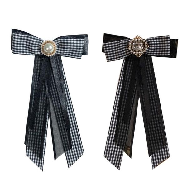 

neck ties women shirt collar pin rhinestone pearl plaid ribbon bow tie brooch vintage student jewelry bowknot pre necktie, Blue;purple