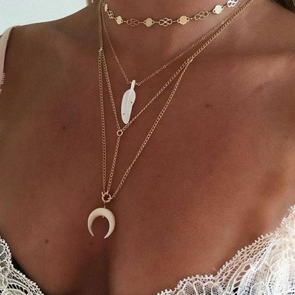 

pcs/set exquisite leaf feather necklaces set bohemian women fashion gold pendant chain long necklace jewelry accessories, Silver