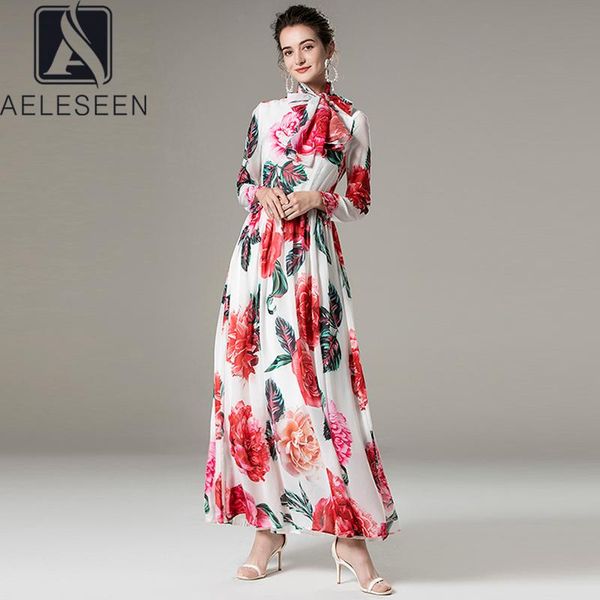 

bohemian long spring dress 2021 runway fashion red rose print bow elegant party holiday christmas casual dresses, Black;gray