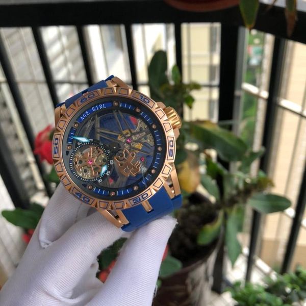 

wristwatches men rose gold blue leather rubber tourbillion skeleton automatic mechanical stainless steel sapphire watches, Slivery;brown