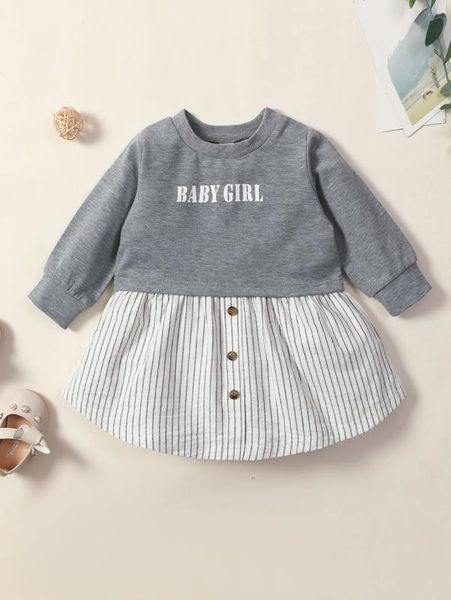

baby striped & letter graphic button detail dress she, Red;yellow