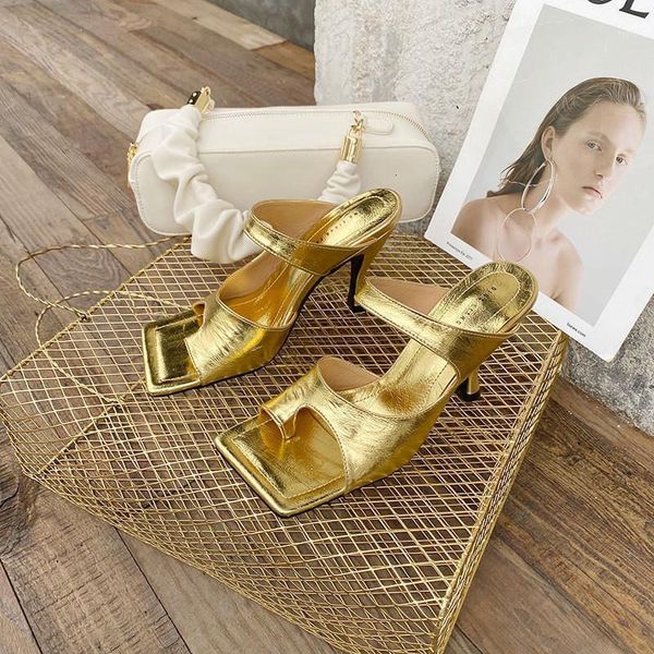

slippers summer women slides square toe thin high heel clip flip flops lady sandal shoes gold white black red1 dca2