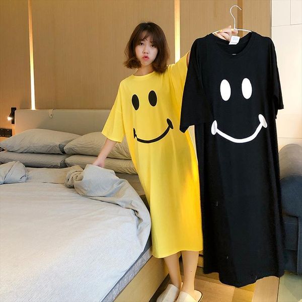 

sleepwears happy smile face womens pattern o neck short sleeves home plus size cotton nightowns for women one piece sleepshirts, Black;red
