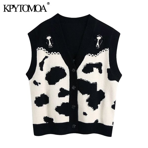 

women fashion oversized animal knitted vest sweater vintage sleeveless button-up female waistcoat chic 210416, White;black