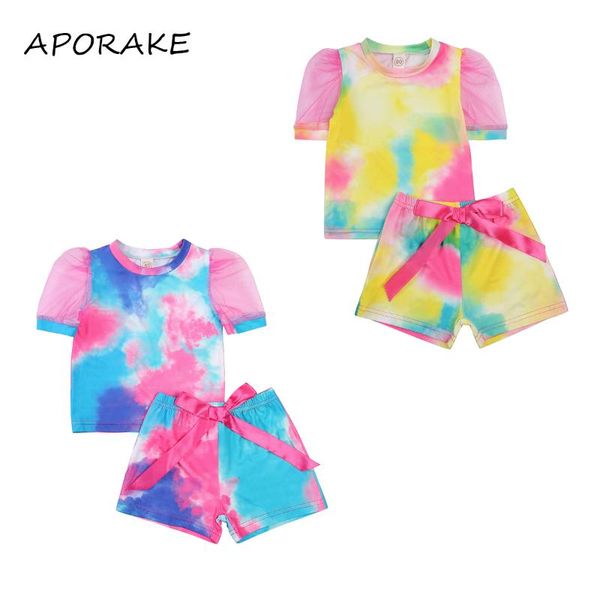 

0-5y fashion toddler girl clothing mesh puff short sleeve tie dye print t-shirt+bow shorts summer outfits 2pcs set sets, White