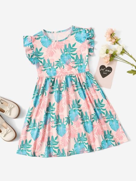 

girls butterfly sleeve tropical print dress she, Red;yellow