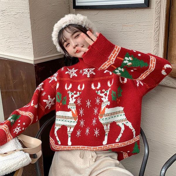 

women's sweaters men's and women'sturtleneck christmas sweater ladies lovely elk pullover outer wear holiday costumes loose t, White;black