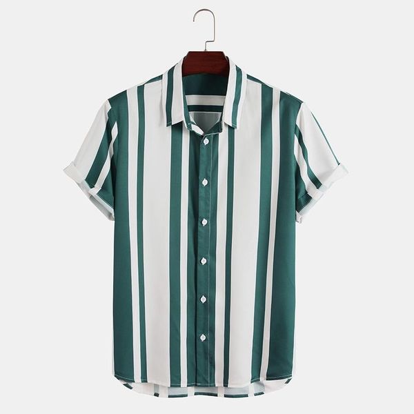 

men's casual shirts mens striped print short sleeve single breasted turndown collar streetwear aloha male camisa masculina, White;black