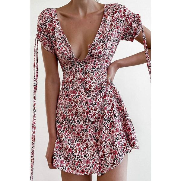 

casual dresses floral print fashion tie up wrap mini dress 2021 summer holiday ruffles boho sundress ruched women's short sleeve, Black;gray