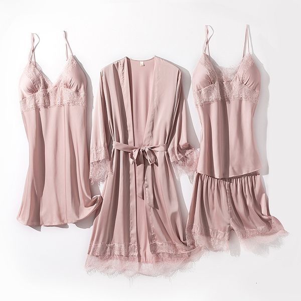 

women's sleepwear lace trim pajamas suit 4pcs sleep set lady loose casual spring nightgown lounge v-neck kimono robe gown gvr, Black;red