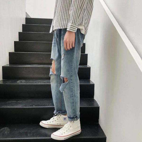 

men's jeans spring summer big ripped nine points loose casual light blue washed denim pants hip-hop streetwear straight trousers