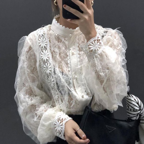 

heydress spring solid elegant lace womens blouses ladys lantren sleeve ruffles korean female mesh sheer shirts, White