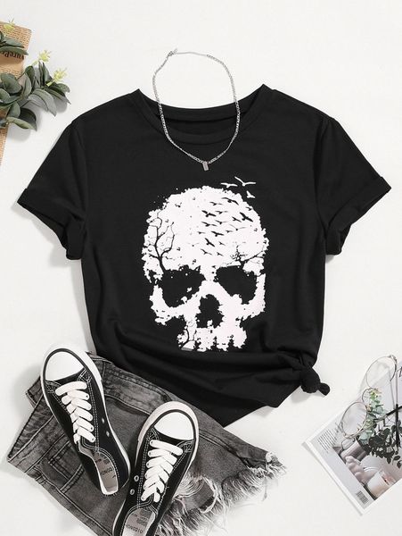 

plus skull print short sleeve tee e1rn#, Black
