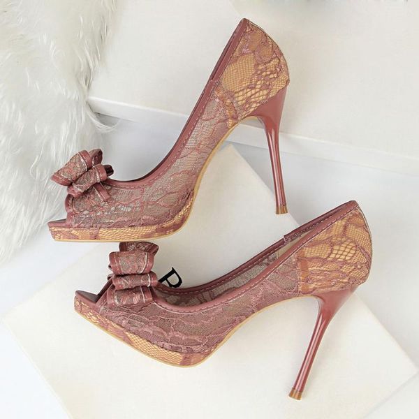 

dress shoes 2021 women 9.5cm high heels peep toe green fuschia lace mesh stiletto pumps valentine platform scarpins wedding neon, Black