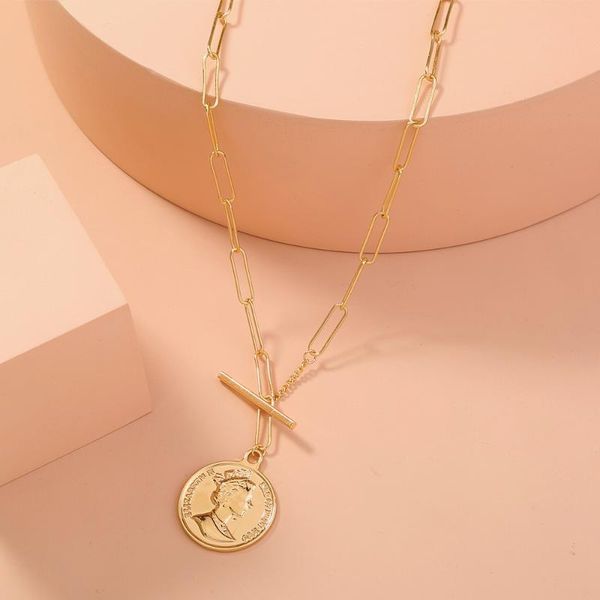 

Chains Stainless Steel Paper Clip Chain OT Buckle Collar Personality Fashion Retro Portrait Medal Pendant Ladies Men's Necklaces, Silver