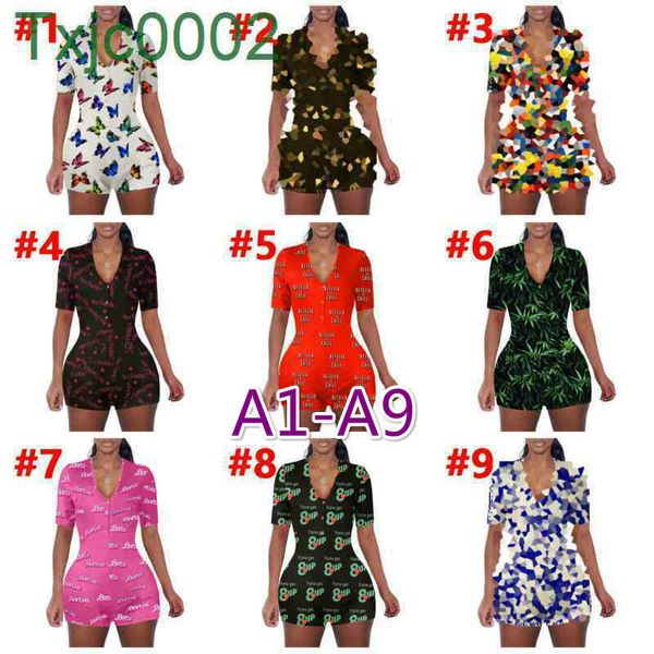 Mulheres Jumpsuits Slim Sexy Designer Sleeve Curto Onesies V Pescoço Casual Padrão Dos Desenhos Animados Padrão Letras de Letras Impressão Home Macacos 18 Estilos