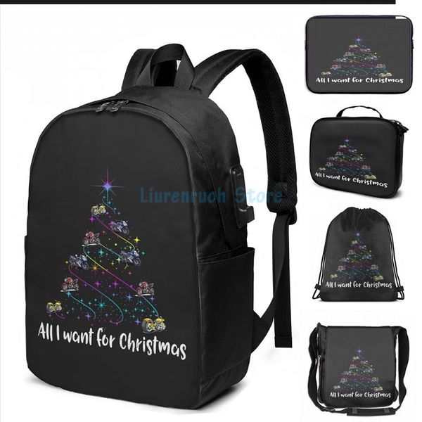 

graphic print sportbikes and softtails all i want for christmas usb charge backpack men school bags women bag travel laptop