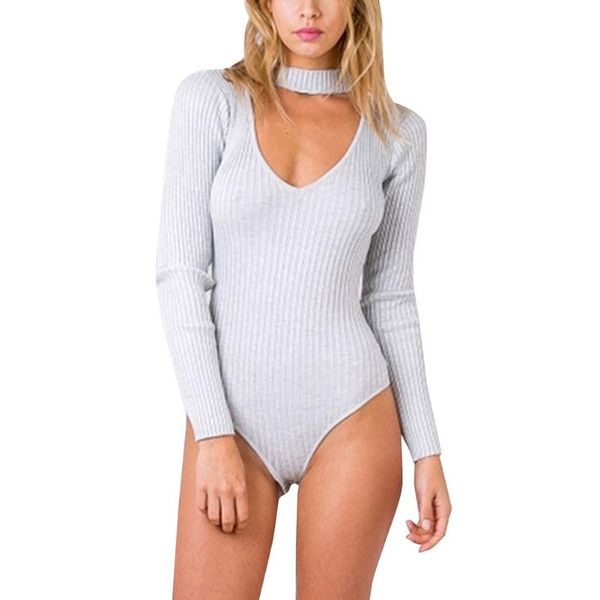 

women's jumpsuits & rompers women v neck cotton bodysuit long sleeve autumn clothing wear slim short knitted bodycon bandage jumpsuit, Black;white