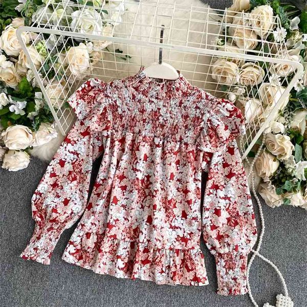 

chiffon blouse elastic folds small stand-up collar western style wood ears puff sleeve loose print shirt women uk235 210507, White