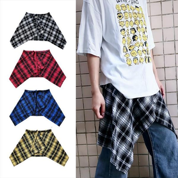 

plaid men and fake womens skirt spring autumn hip hop irregular false shirt hem half body female skirts jupe saia, Black