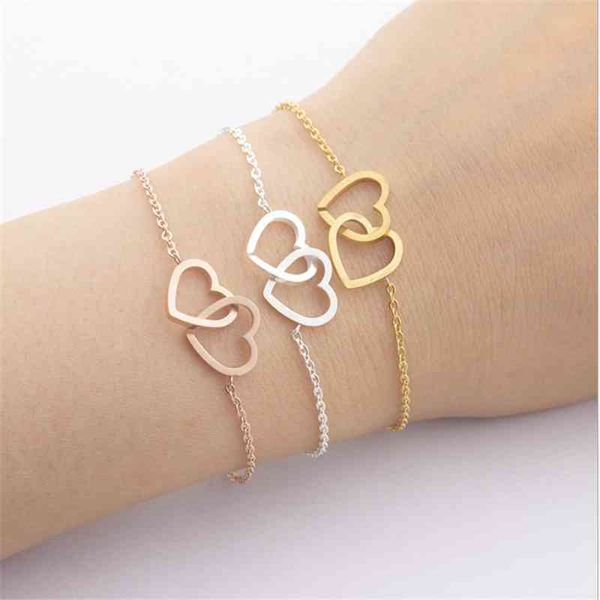 

selling 316 l stainls steel jewelry double heart bracelet for women, Golden;silver