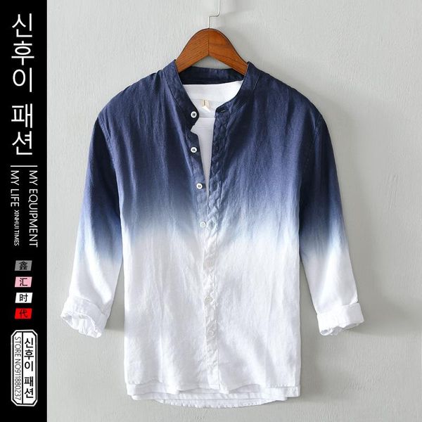 

men's casual shirts shirt korean personality tie-dye linen male gradient long sleeved color contrast men summer thin coats, White;black