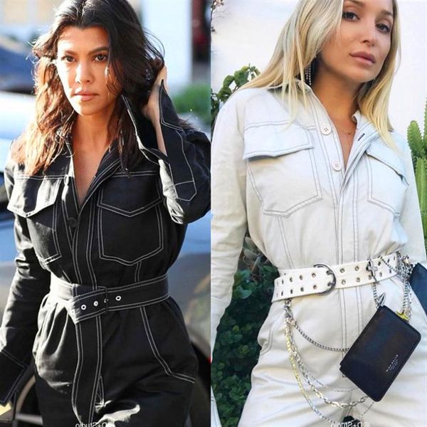 

women's jumpsuits & rompers fashion women romper long sleeve belt black/white winter autumn jeans jumpsuit female streetwear overalls d