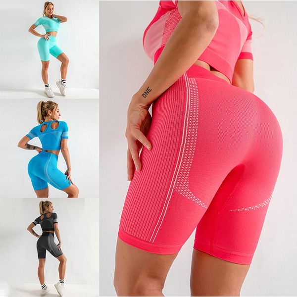 

yoga outfit 2021 seamless women set workout pink two piece fitness short sleeve high waist legging sportsuit gym sets