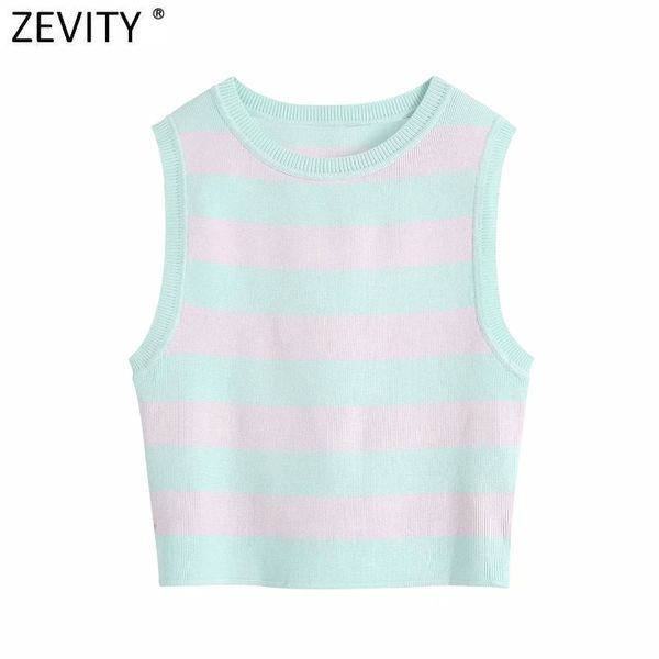 

zevity women fashion striped print short knitting sweater female chic o neck sleeveless slim vest pullovers sw816 210419, White;black