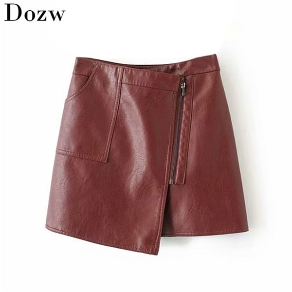 Pu Leather Asimmetrico Women Solid Skirt Fashion Ladies Zipper Mini Gonne Primavera Estate Sexy Short Faux Abbigliamento 210515