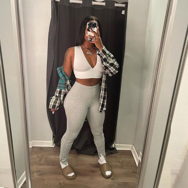 

women's pants & capris rmsfe 2021 spring and autumn women fashion leisure solid color pit strip fabric pleated forked micro flared, Black;white